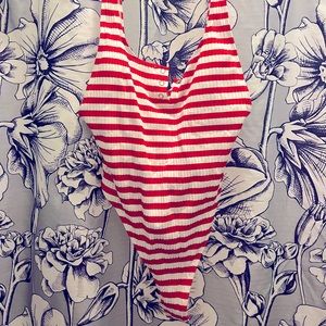 Roxy Red & White Striped Bathing Suit with Snaps
